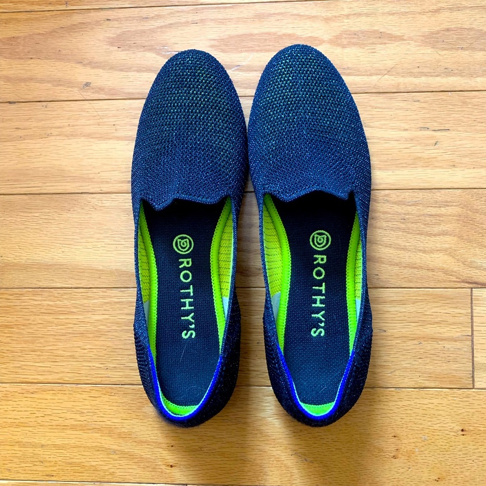 Rothy's Navy Blue Slip-On Flats with Lime Green Insole